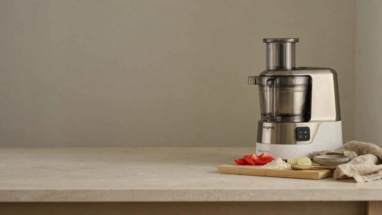 Un robot multifonction Magimix en inox et blanc posé sur un plan de travail clair, à côté d'une planche de légumes coupés et d'un bol de farine.